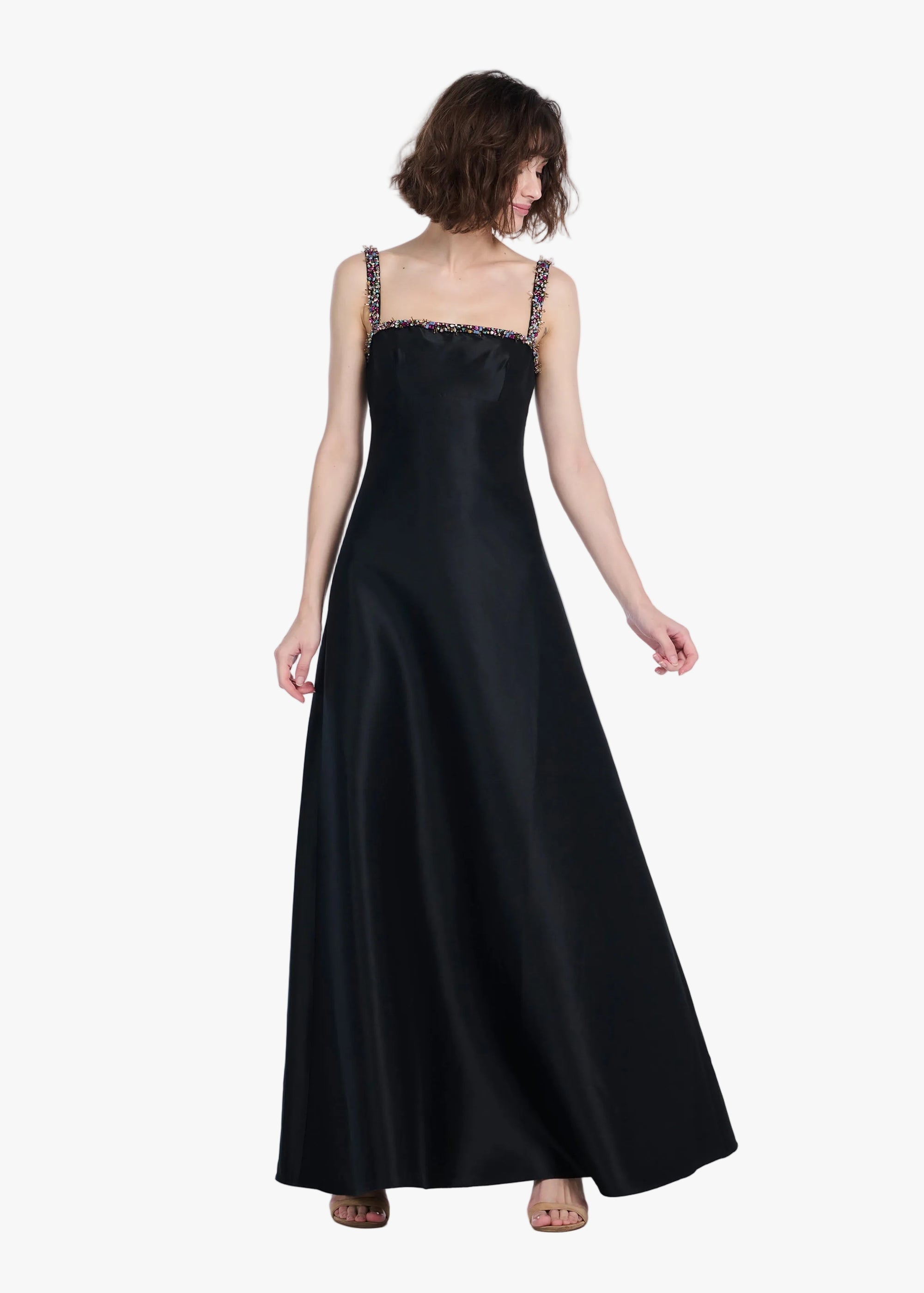 SQUARE NECK BEADED STRAP DUCHESS TWILL GOWN