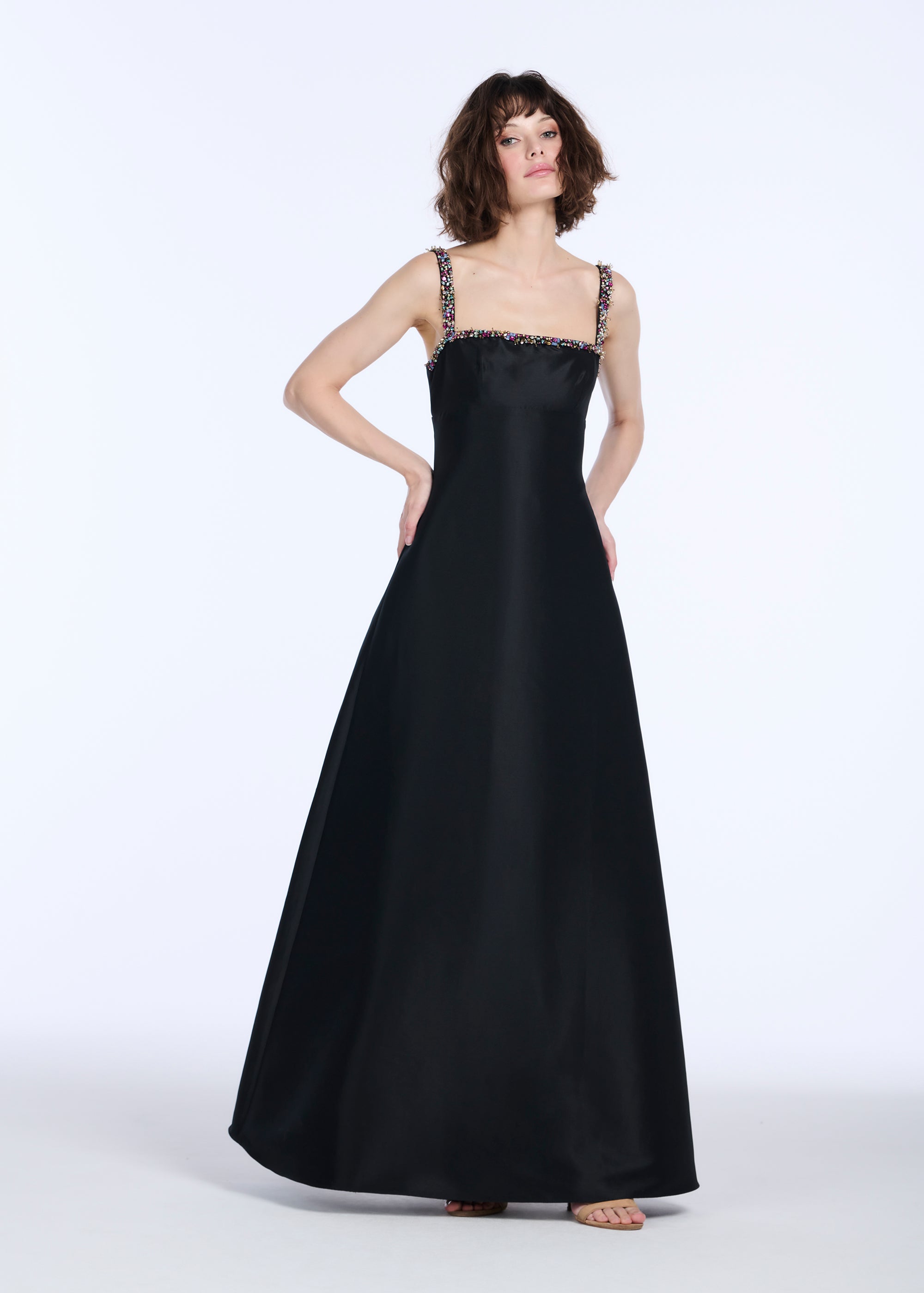 SQUARE NECK BEADED STRAP DUCHESS TWILL GOWN