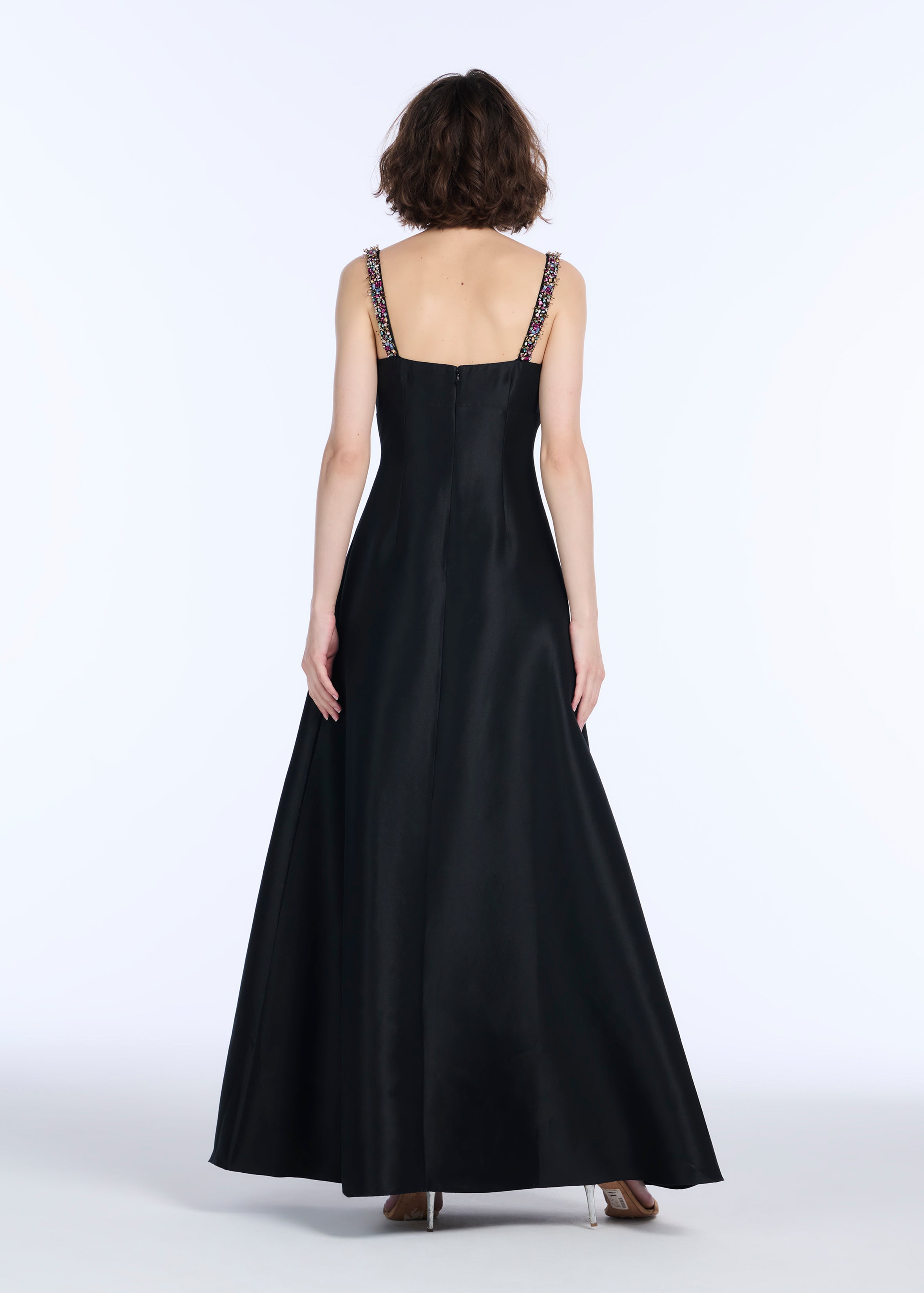 SQUARE NECK BEADED STRAP DUCHESS TWILL GOWN