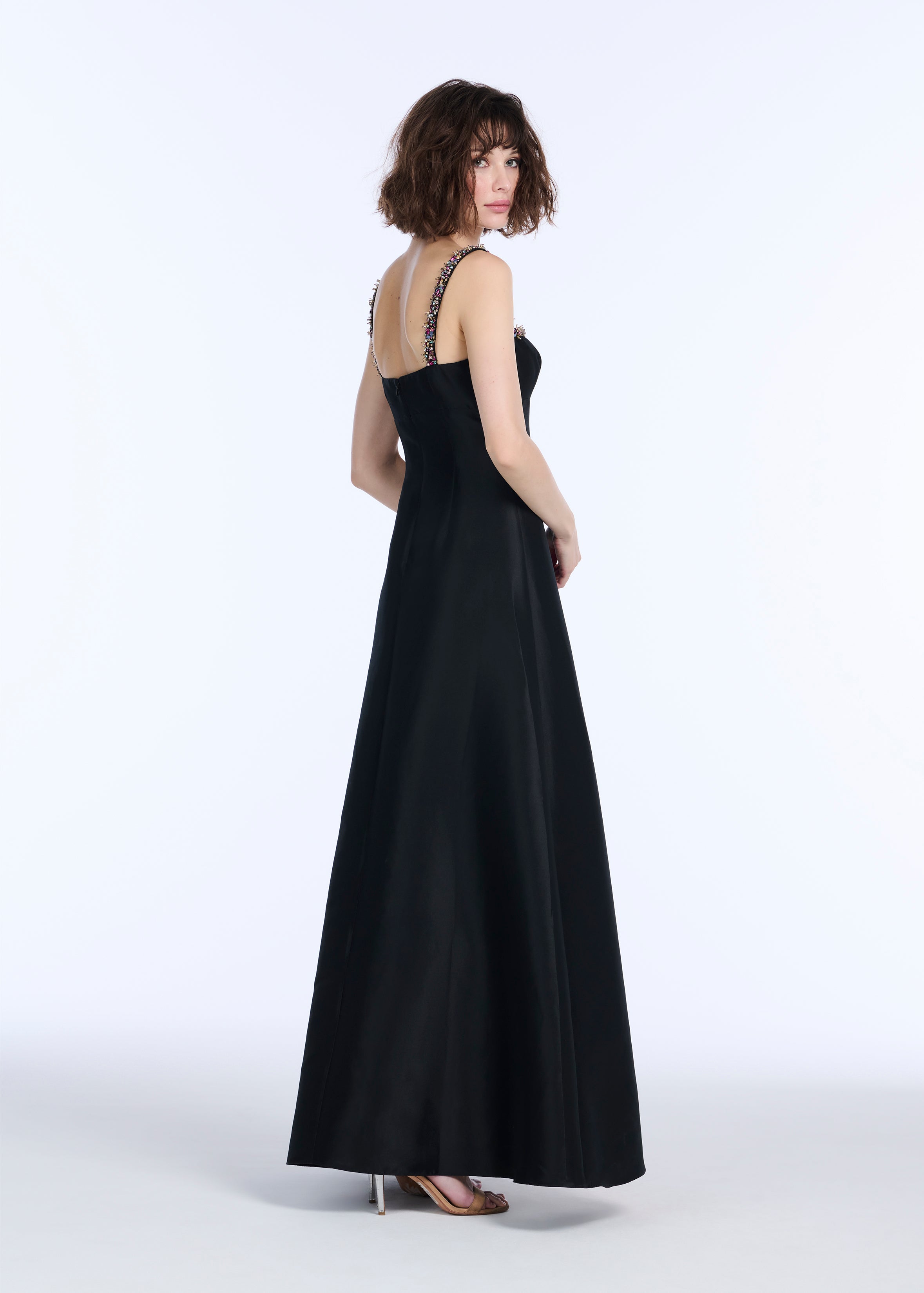 SQUARE NECK BEADED STRAP DUCHESS TWILL GOWN