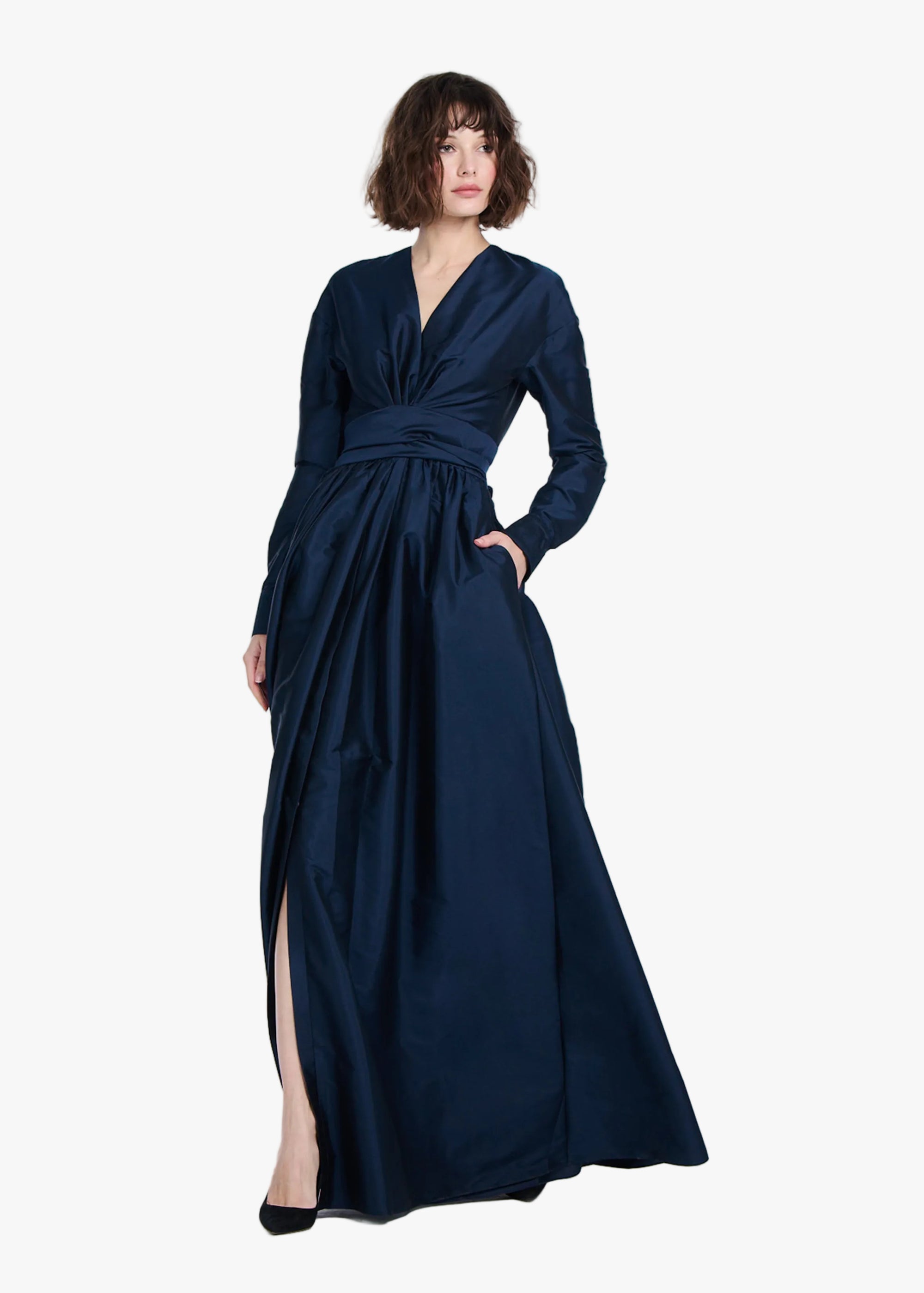 EMILY SHALANT Women's Surplice Long Sleeve Taffeta Gown - Blue
