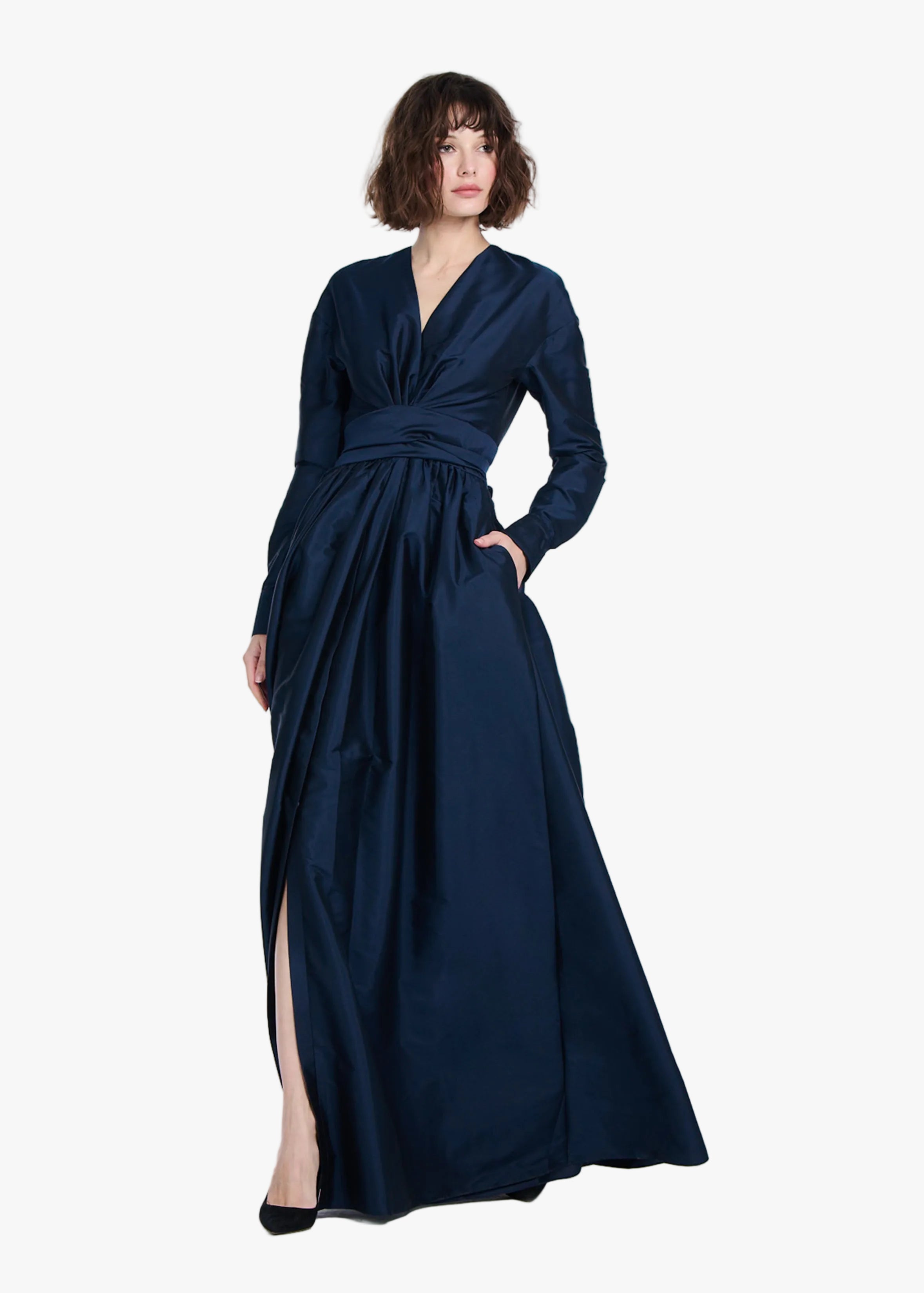 TAFFETA WRAP GOWN NAVY