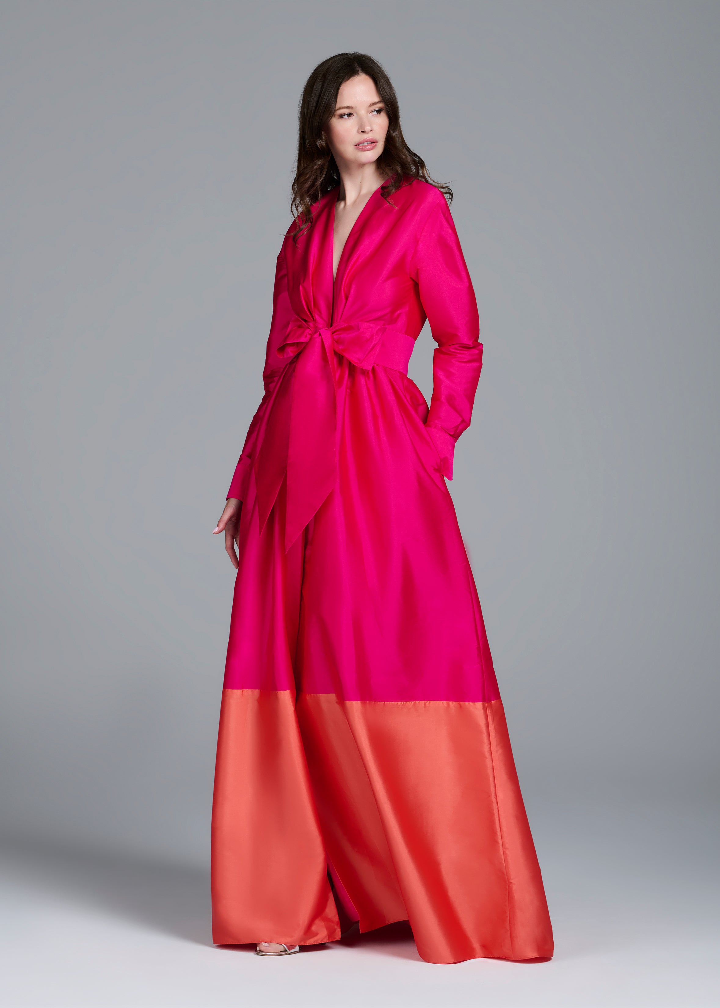 TAFFETA COLOR BLOCKED WRAP GOWN