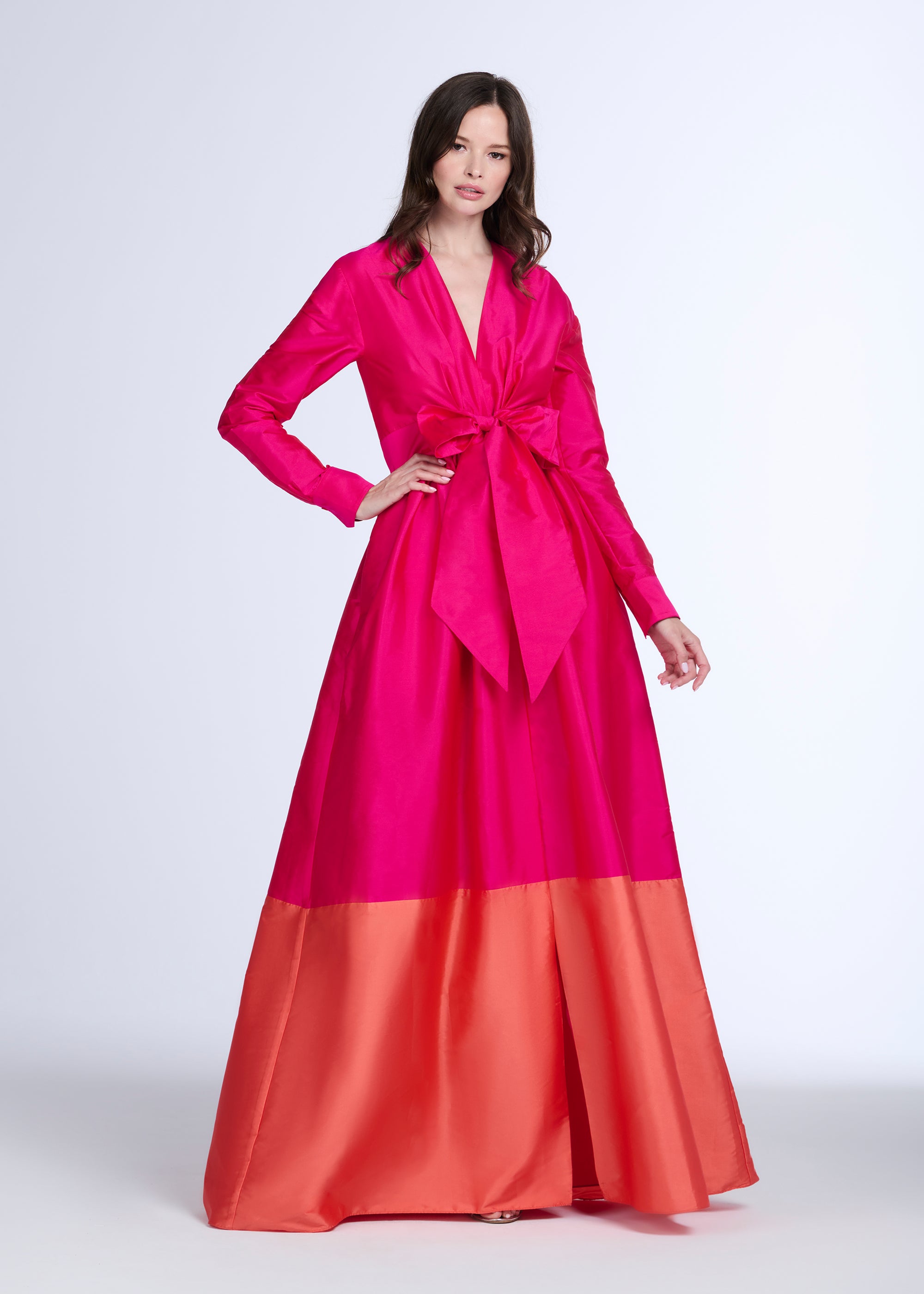 TAFFETA COLOR BLOCKED WRAP GOWN