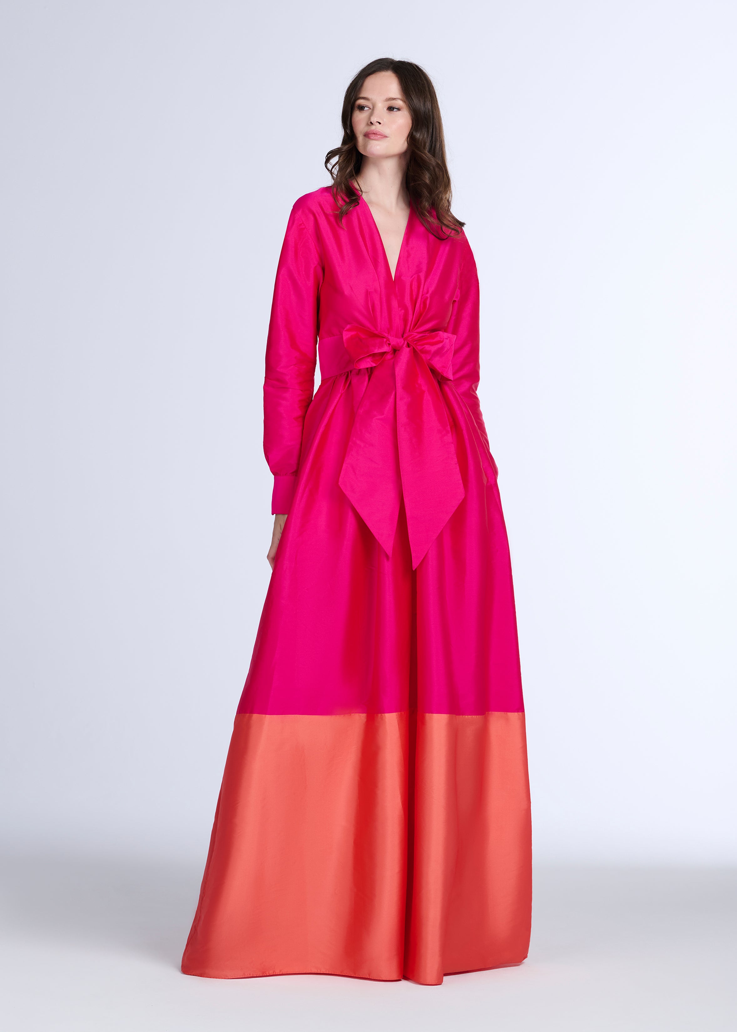 TAFFETA COLOR BLOCKED WRAP GOWN