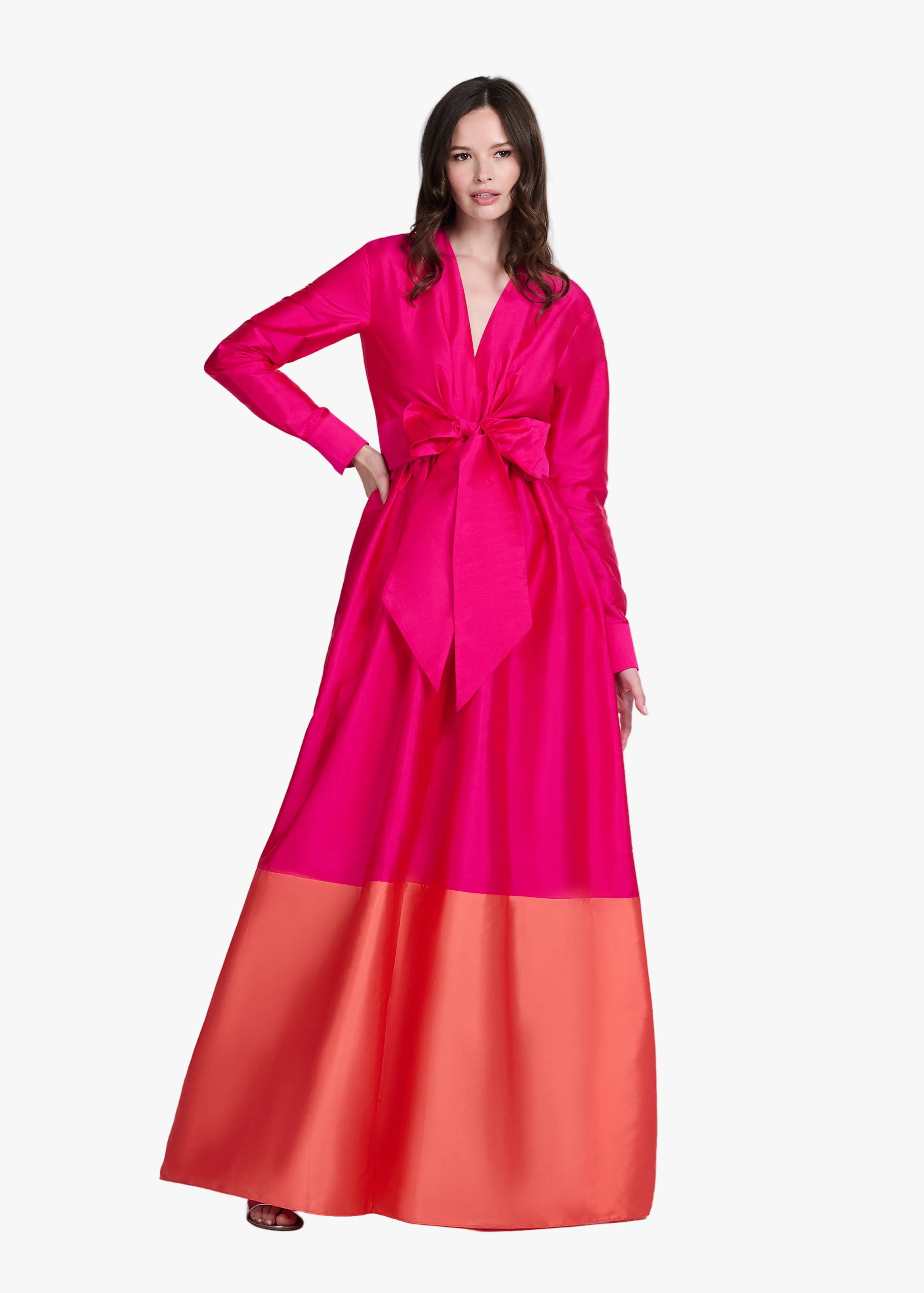 TAFFETA COLOR BLOCKED WRAP GOWN
