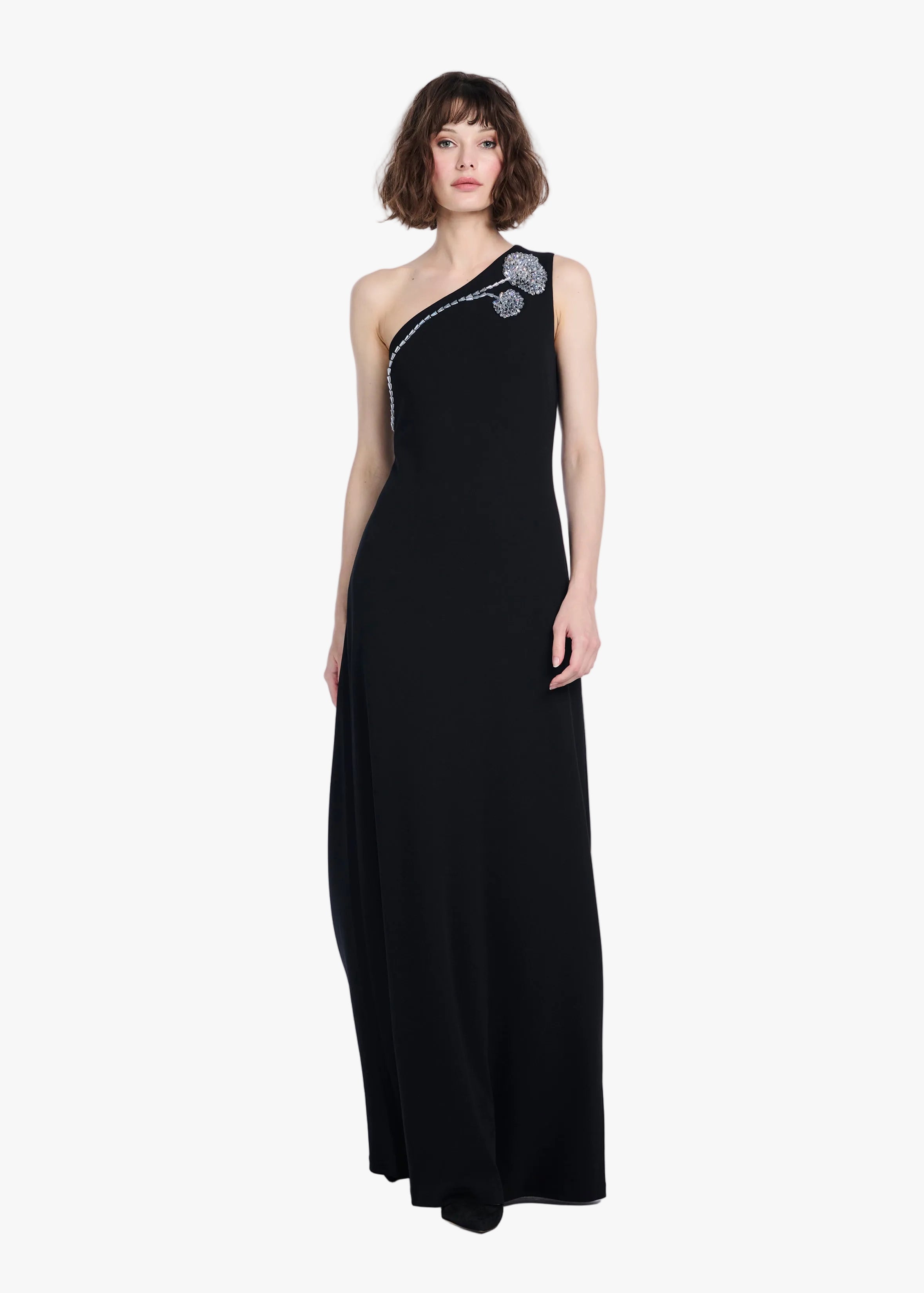 STRETCH CREPE ONE SHOULDER GOWN WITH CRYSTAL PEONY BLACK | Emily
