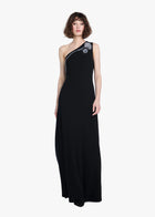 STRETCH CREPE ONE SHOULDER GOWN WITH CRYSTAL PEONY BLACK
