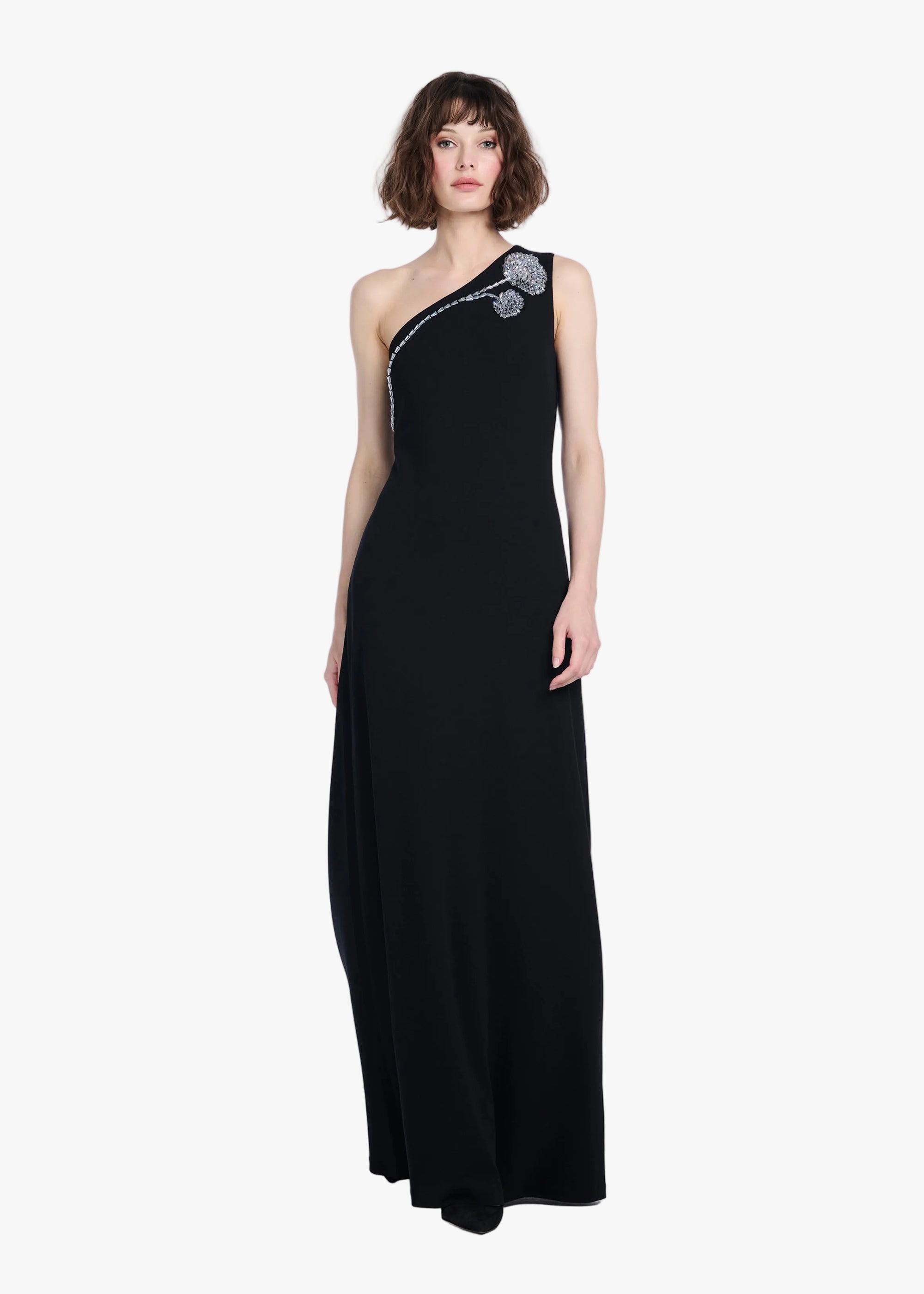 STRETCH CREPE ONE SHOULDER GOWN WITH CRYSTAL PEONY BLACK