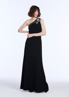 STRETCH CREPE ONE SHOULDER GOWN WITH CRYSTAL PEONY BLACK