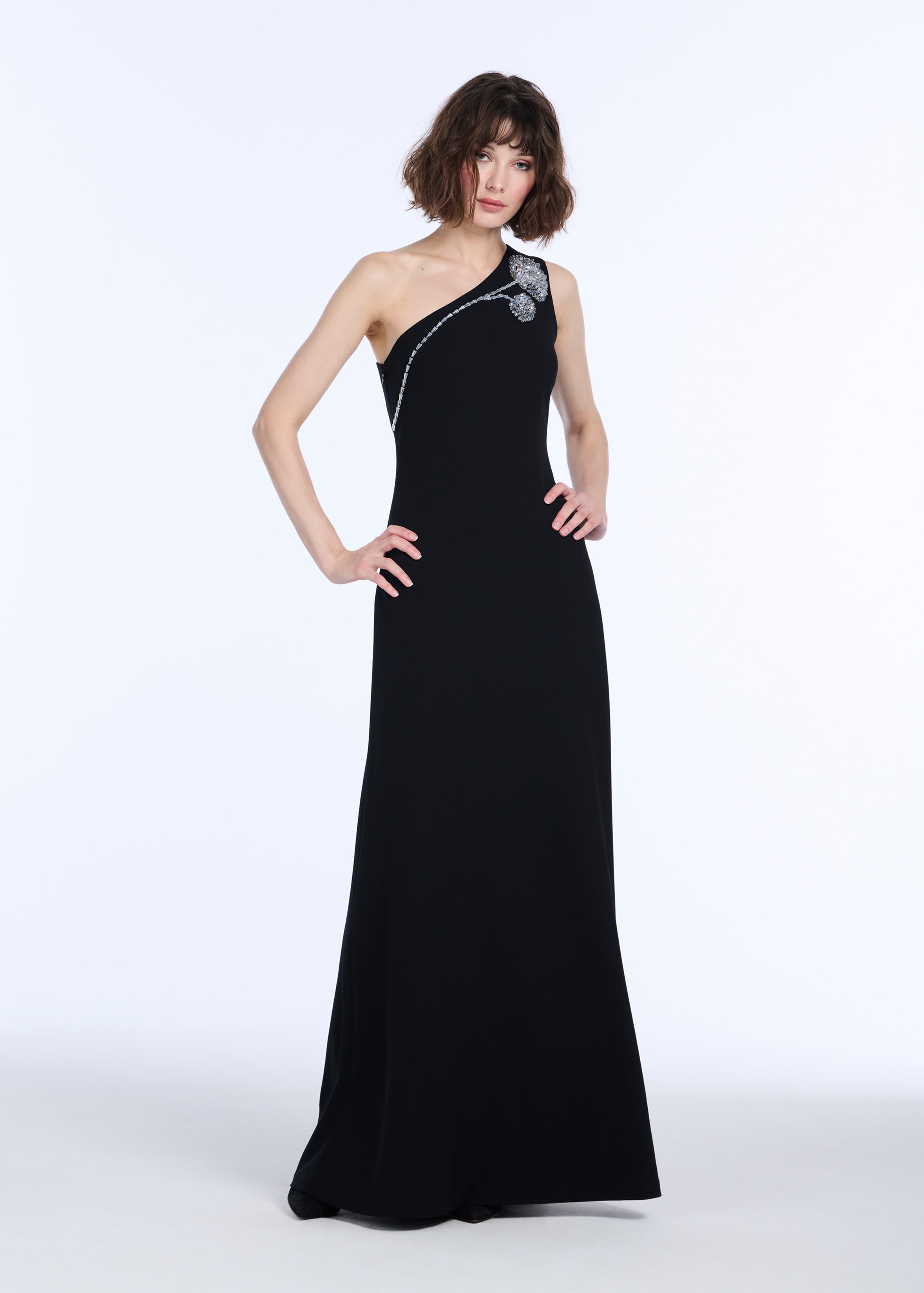STRETCH CREPE ONE SHOULDER GOWN WITH CRYSTAL PEONY BLACK | Emily