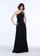STRETCH CREPE ONE SHOULDER GOWN WITH CRYSTAL PEONY BLACK