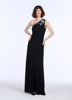 STRETCH CREPE ONE SHOULDER GOWN WITH CRYSTAL PEONY BLACK