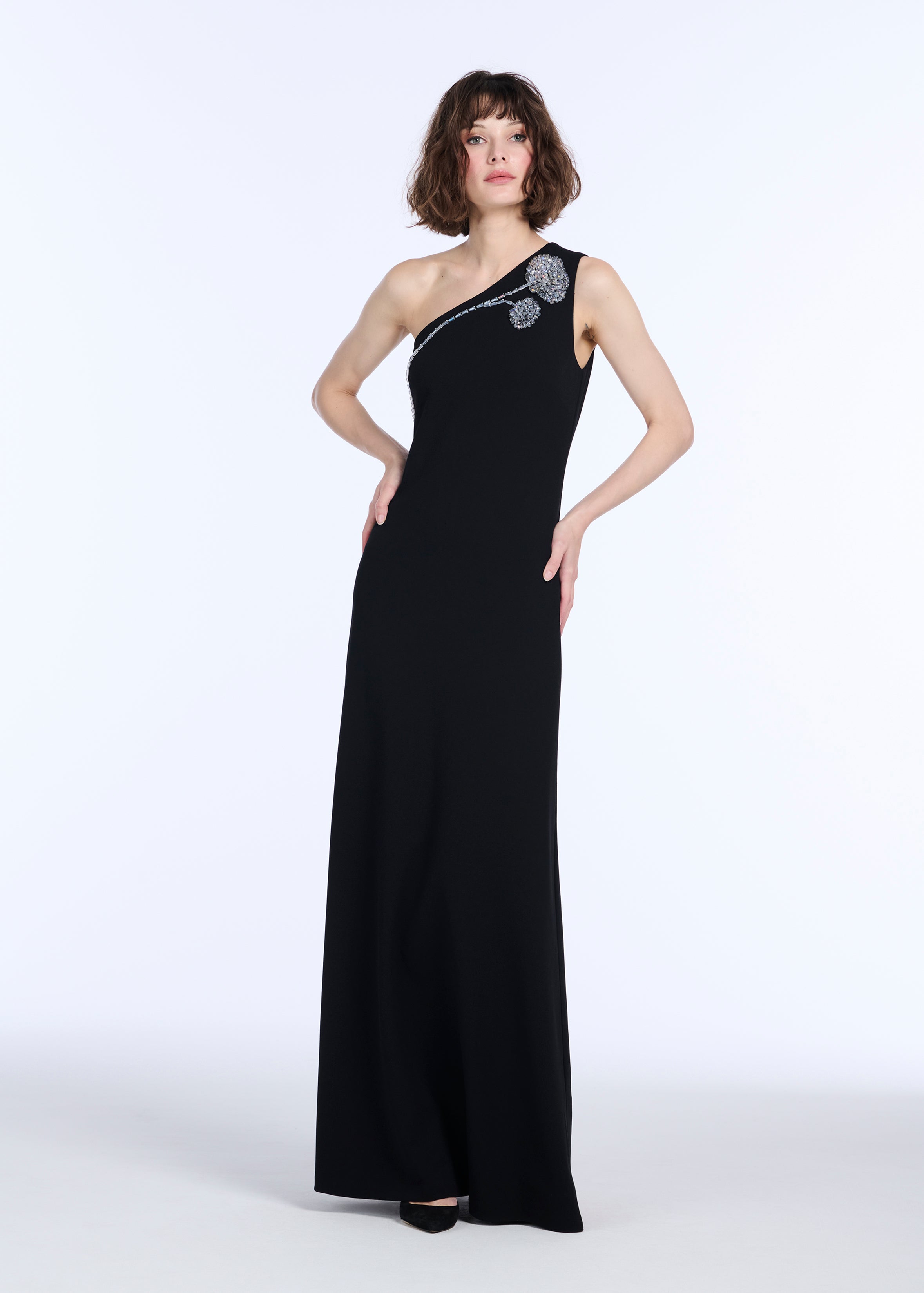 STRETCH CREPE ONE SHOULDER GOWN WITH CRYSTAL PEONY BLACK