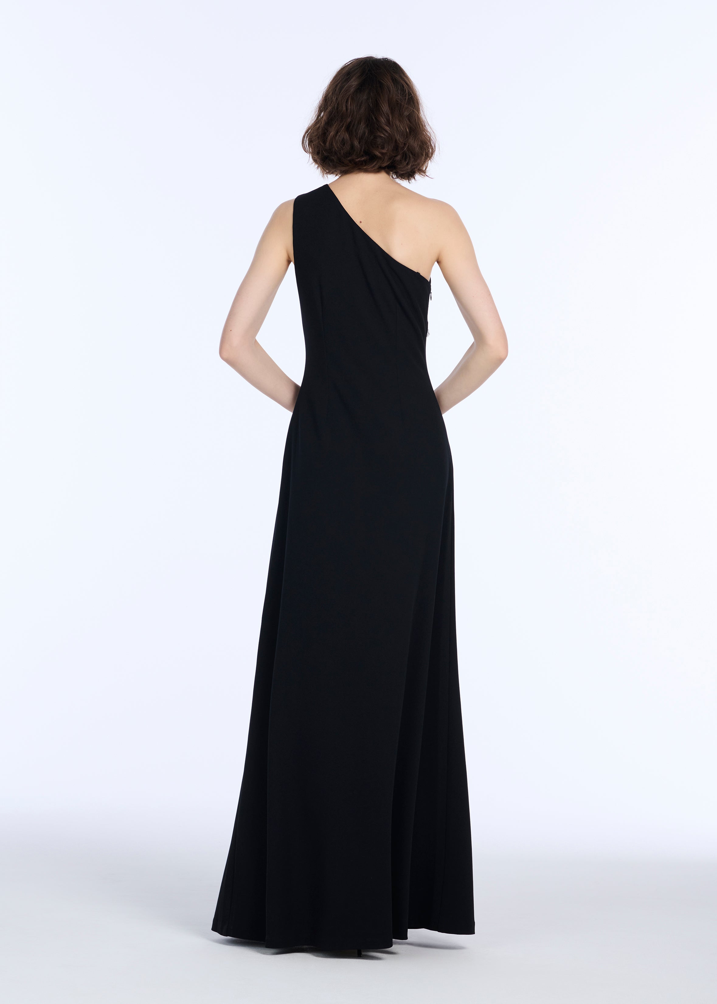 STRETCH CREPE ONE SHOULDER GOWN WITH CRYSTAL PEONY BLACK | Emily