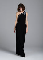 STRETCH CREPE ONE SHOULDER GOWN WITH CRYSTAL PEONY BLACK