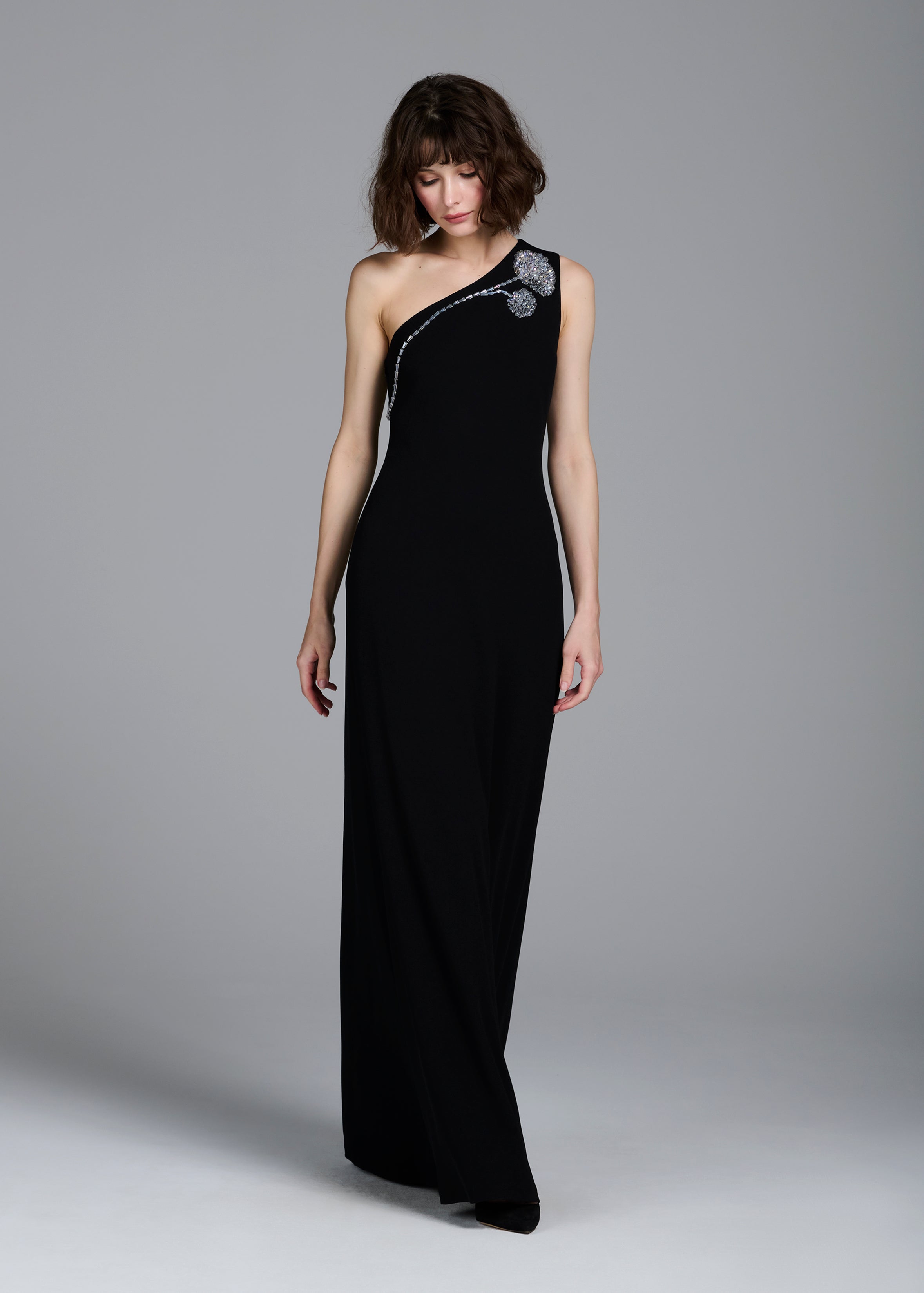 STRETCH CREPE ONE SHOULDER GOWN WITH CRYSTAL PEONY BLACK