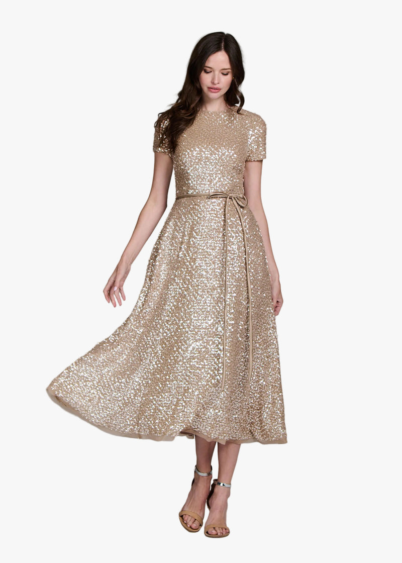 TRANSLUCENT ENCRUSTED SEQUIN DRESS SUNTAN