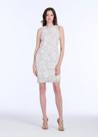 LACE APPLIQUE SHIFT DRESS WITH CHIFFON SOUTACHE AND CRYSTALS BLACK