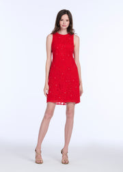 LACE APPLIQUE SHIFT DRESS WITH CHIFFON SOUTACHE AND CRYSTALS IVORY
