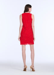 LACE APPLIQUE SHIFT DRESS WITH CHIFFON SOUTACHE AND CRYSTALS IVORY