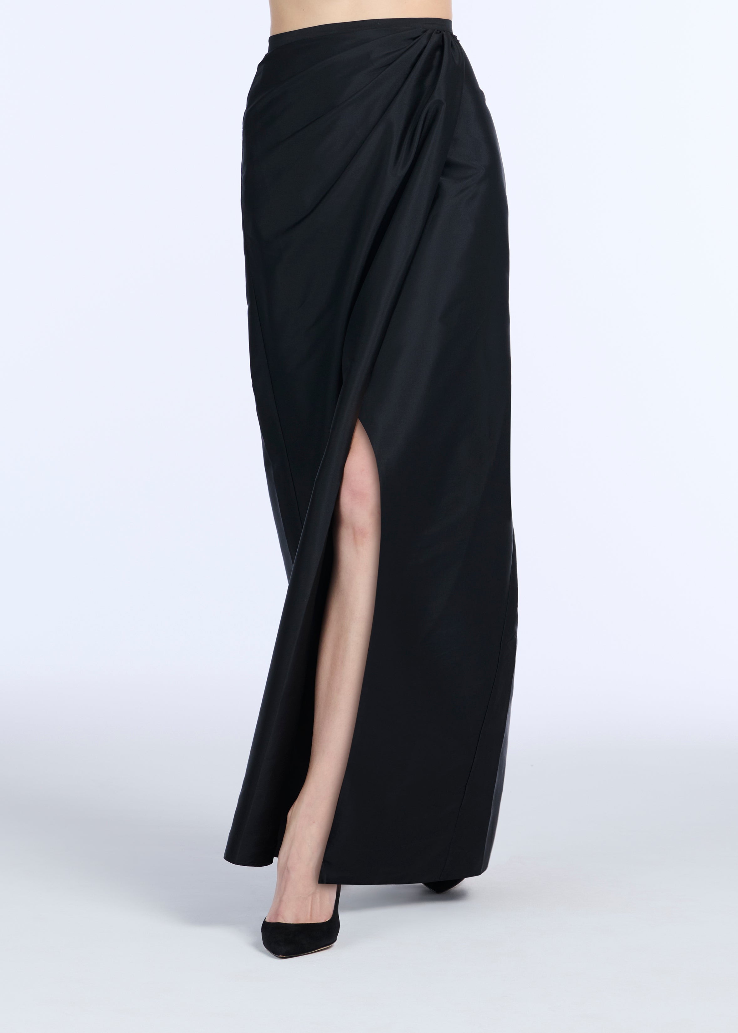 SOFT TAFFETA FAUX WRAP SKIRT NAVY | Emily Shalant
