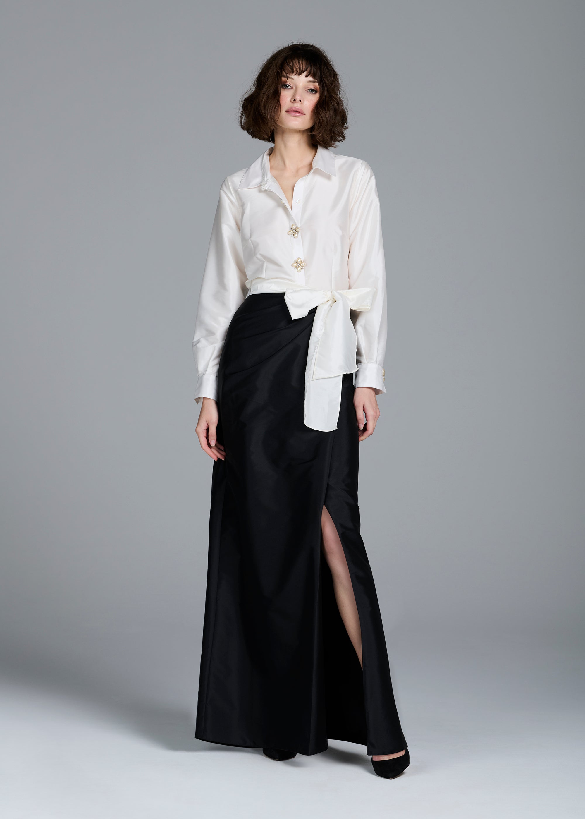 TAFFETA SLIM WRAP SKIRT - BLACK