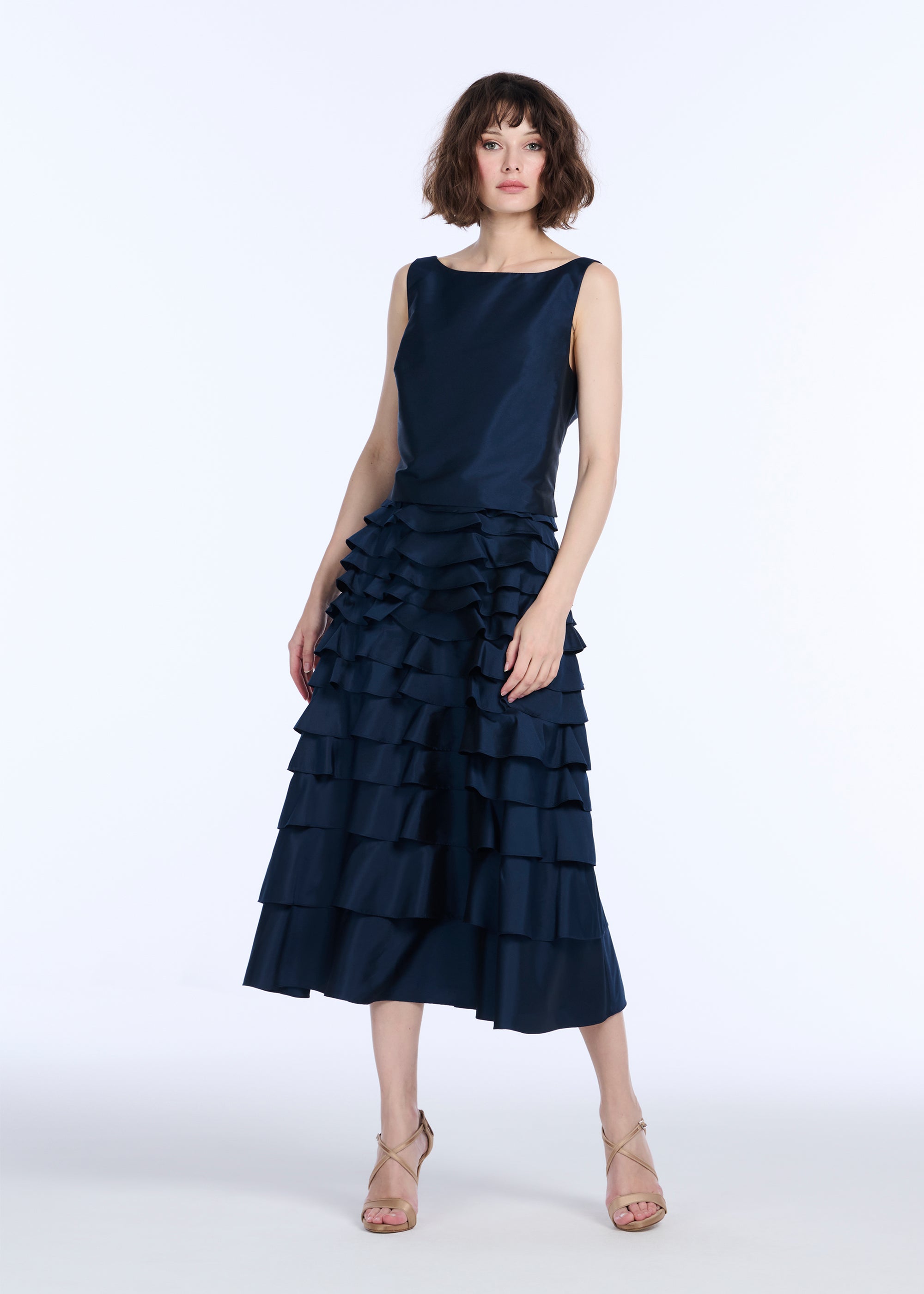 TAFFETA TIERED RUFFLE SKIRT NAVY