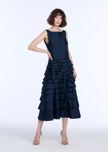 TAFFETA TIERED RUFFLE SKIRT NAVY