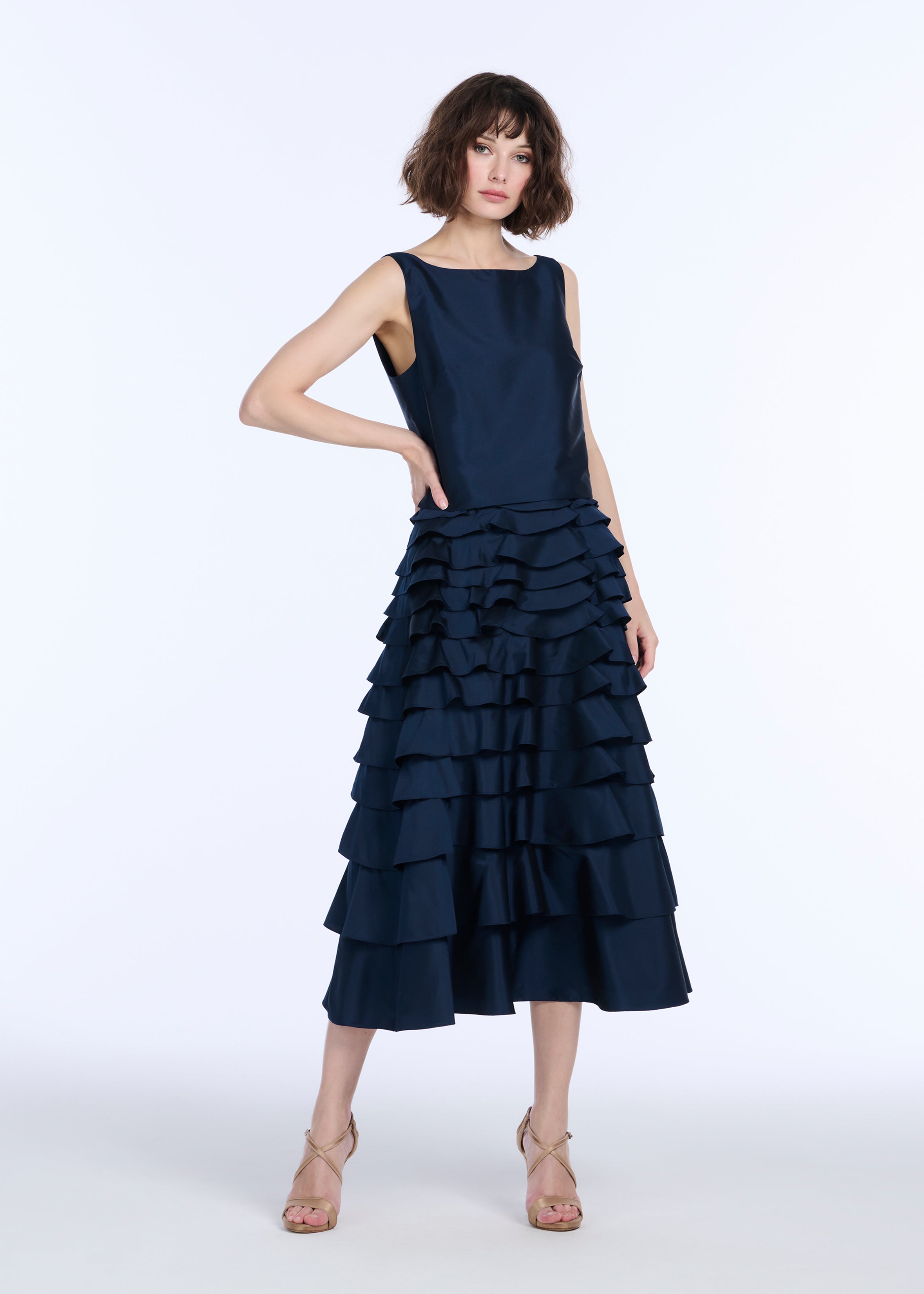 TAFFETA TIERED RUFFLE SKIRT NAVY