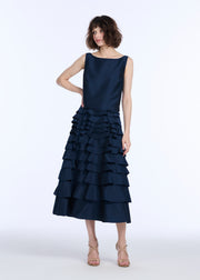 TAFFETA TIERED RUFFLE SKIRT NAVY