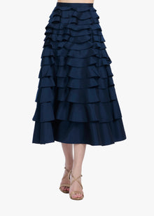 TAFFETA TIERED RUFFLE SKIRT NAVY