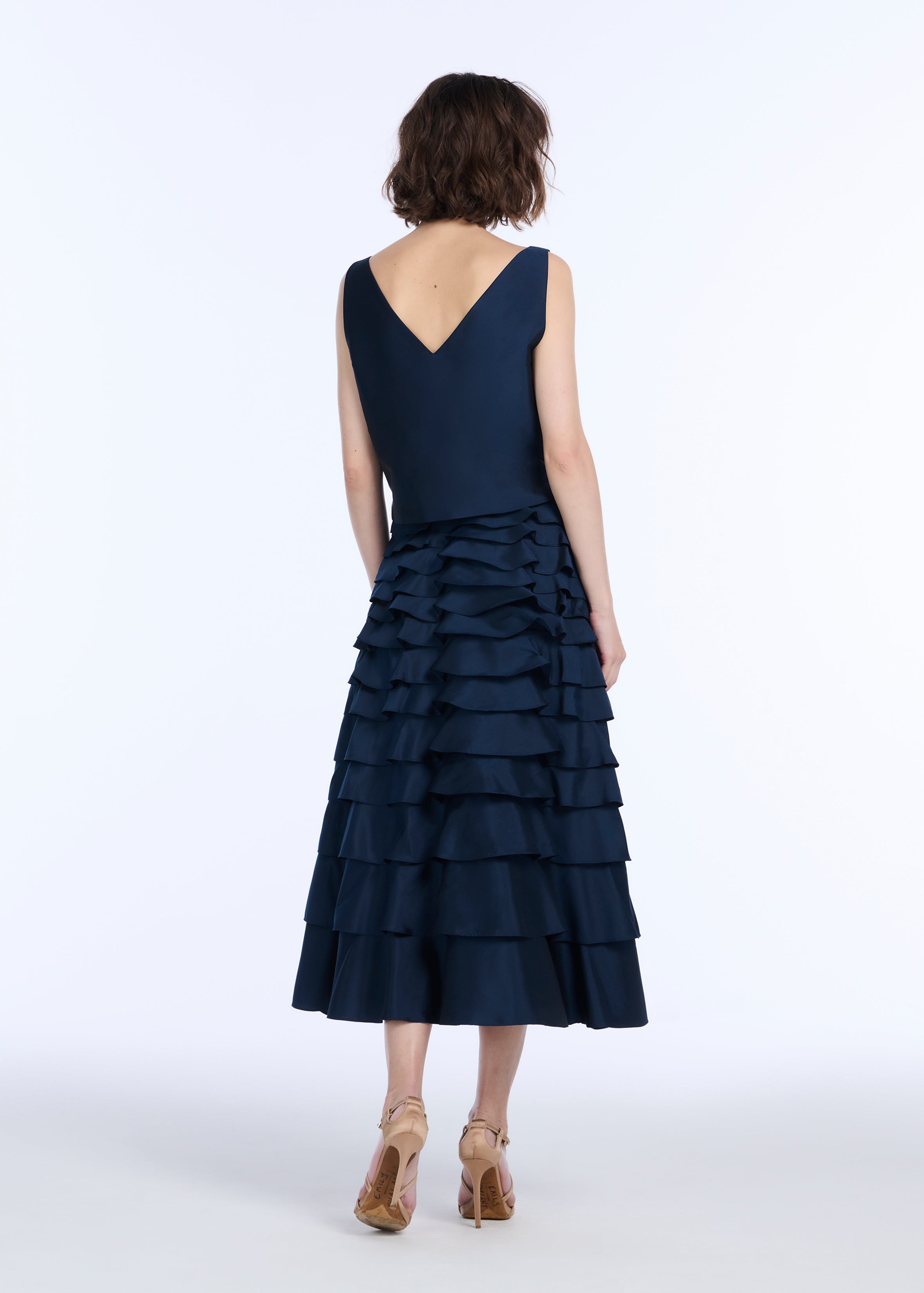 TAFFETA TIERED RUFFLE SKIRT NAVY