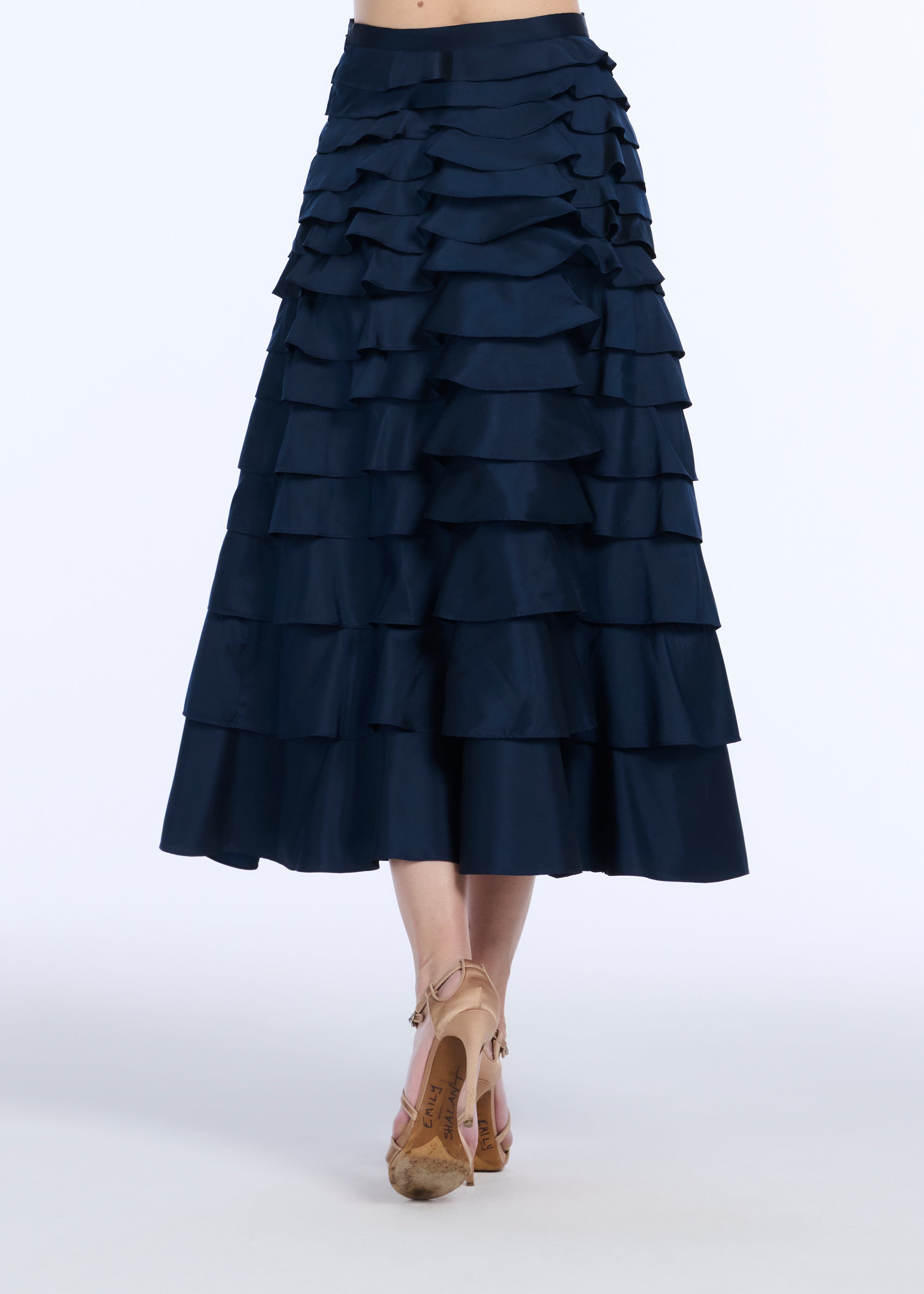 TAFFETA TIERED RUFFLE SKIRT NAVY