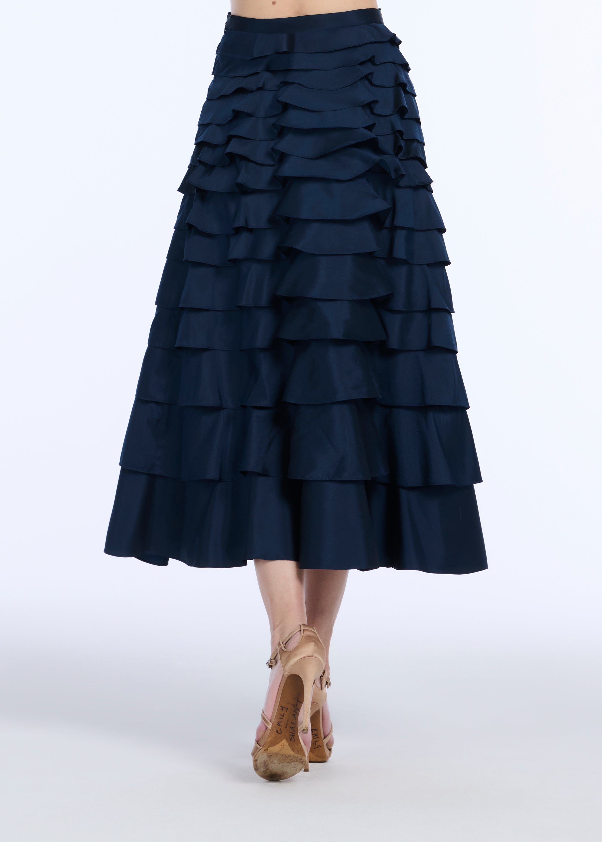TAFFETA TIERED RUFFLE SKIRT NAVY