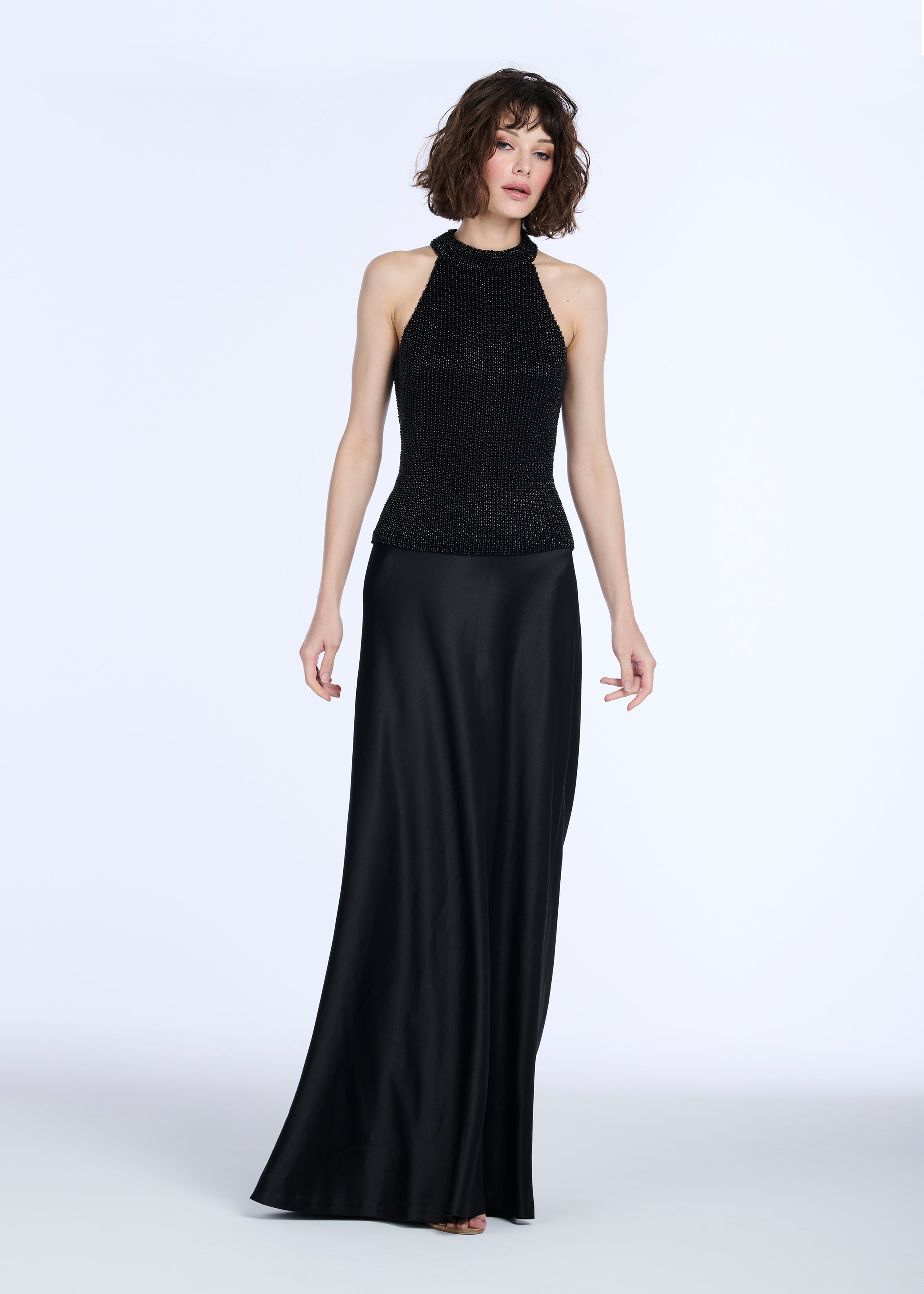 STRETCH SATIN BIAS LONG A-LINE SKIRT - BLACK | Emily Shalant