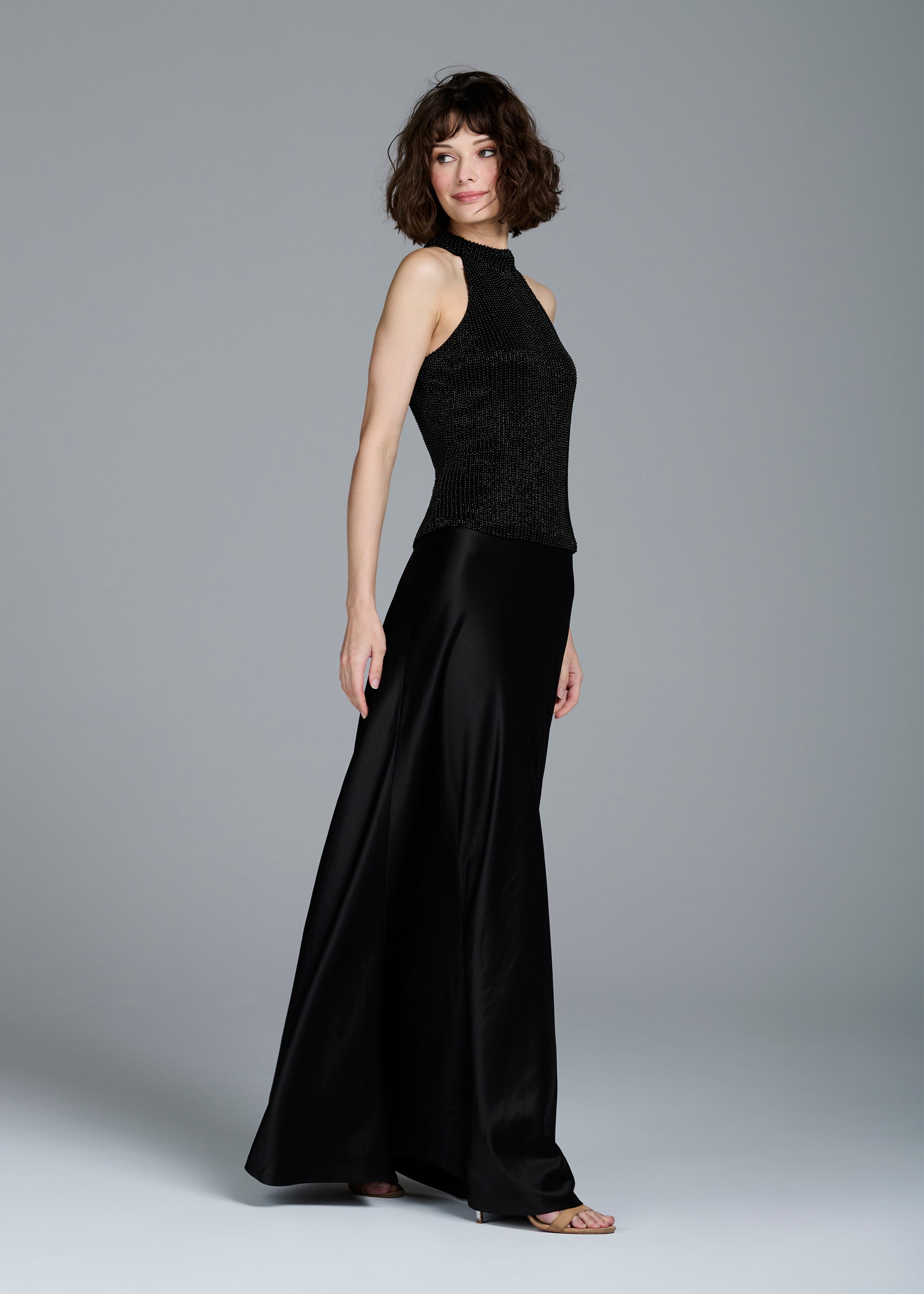 STRETCH SATIN BIAS LONG A-LINE SKIRT - BLACK | Emily Shalant