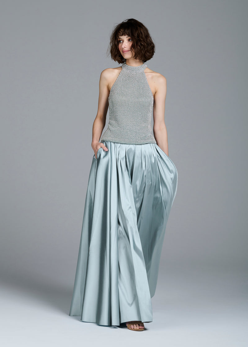 LIGHT BLUE PEARL ENCRUSTED SLEEVELESS MOCK NECK