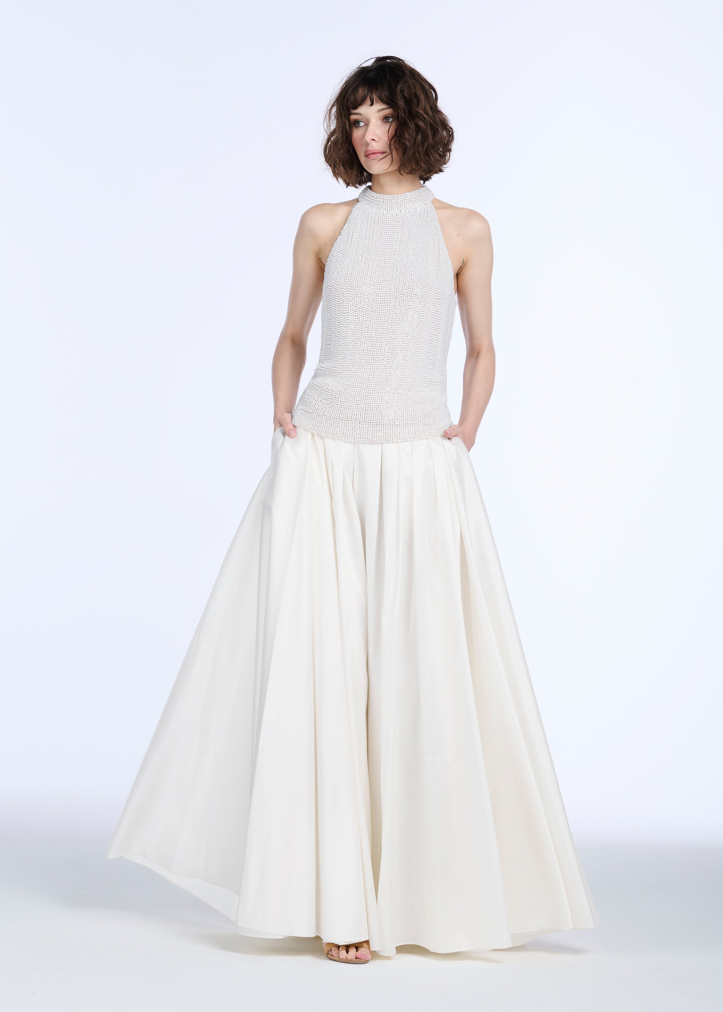 PEARL ENCRUSTED SLEEVELESS MOCK NECK IVORY | Emily Shalant