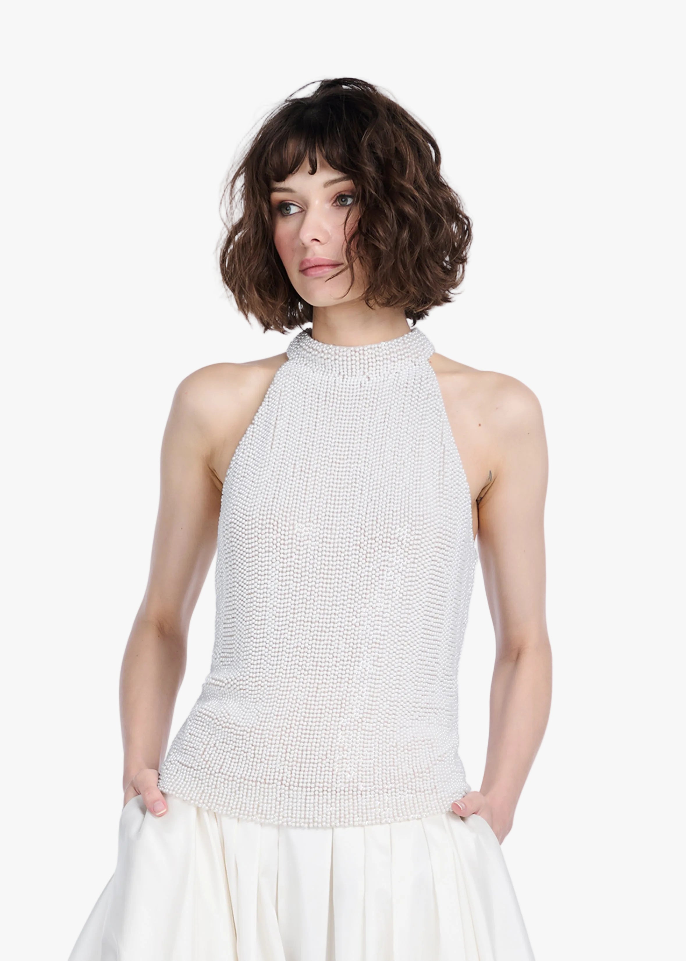 PEARL ENCRUSTED SLEEVELESS MOCK NECK IVORY | Emily Shalant