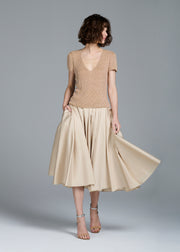 TEA LENGTH PLEATED SOFT TAFFETA MIDI SKIRT CHAMPAGNE