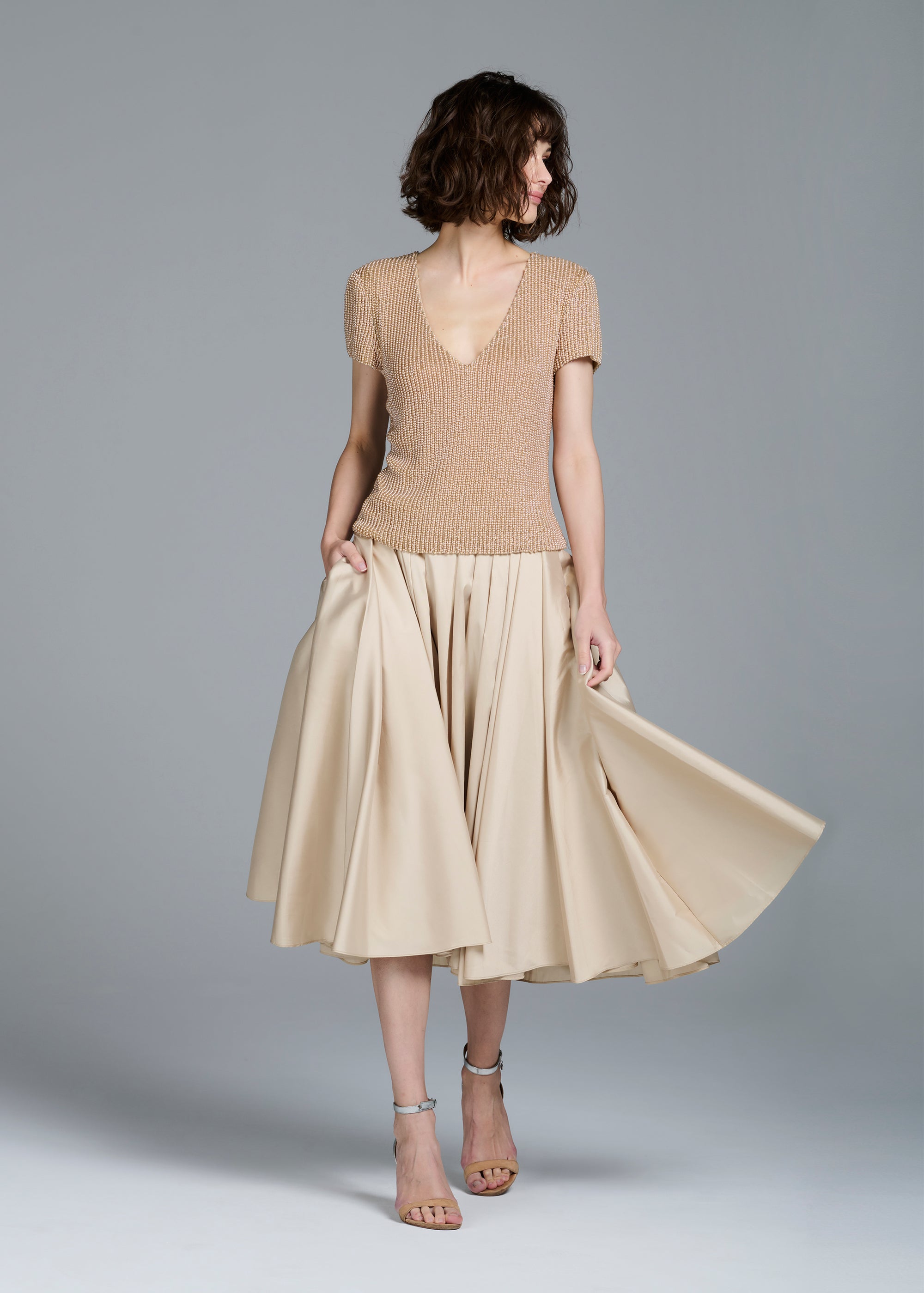 TEA LENGTH PLEATED SOFT TAFFETA MIDI SKIRT CHAMPAGNE