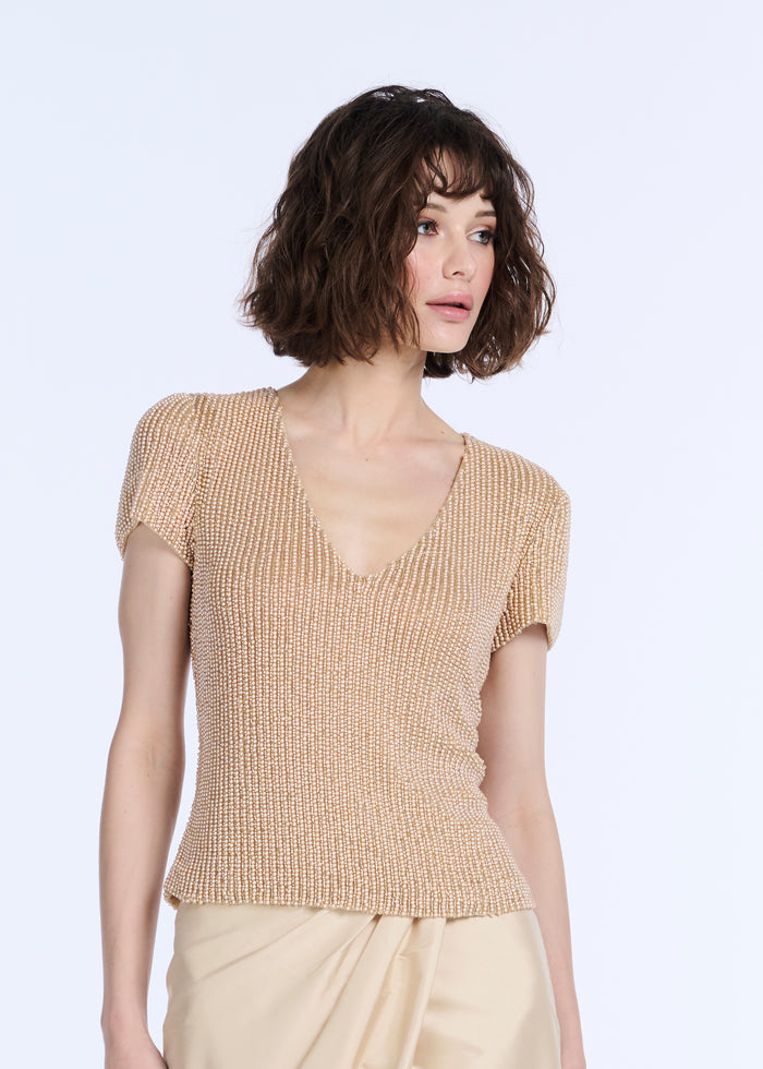 STRETCH PEARL BEADED V-NECK TOP CHAMPAGNE