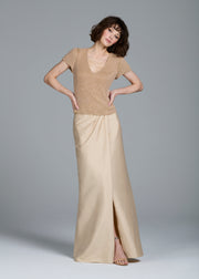 STRETCH PEARL BEADED V-NECK TOP CHAMPAGNE