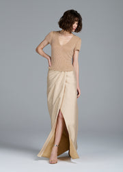 STRETCH PEARL BEADED V-NECK TOP CHAMPAGNE
