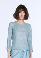 STRETCH SEQUIN 3/4 SLEEVE BALLET NECK TOP LIGHT BLUE