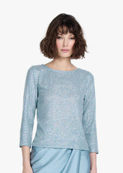 STRETCH SEQUIN 3/4 SLEEVE BALLET NECK TOP LIGHT BLUE