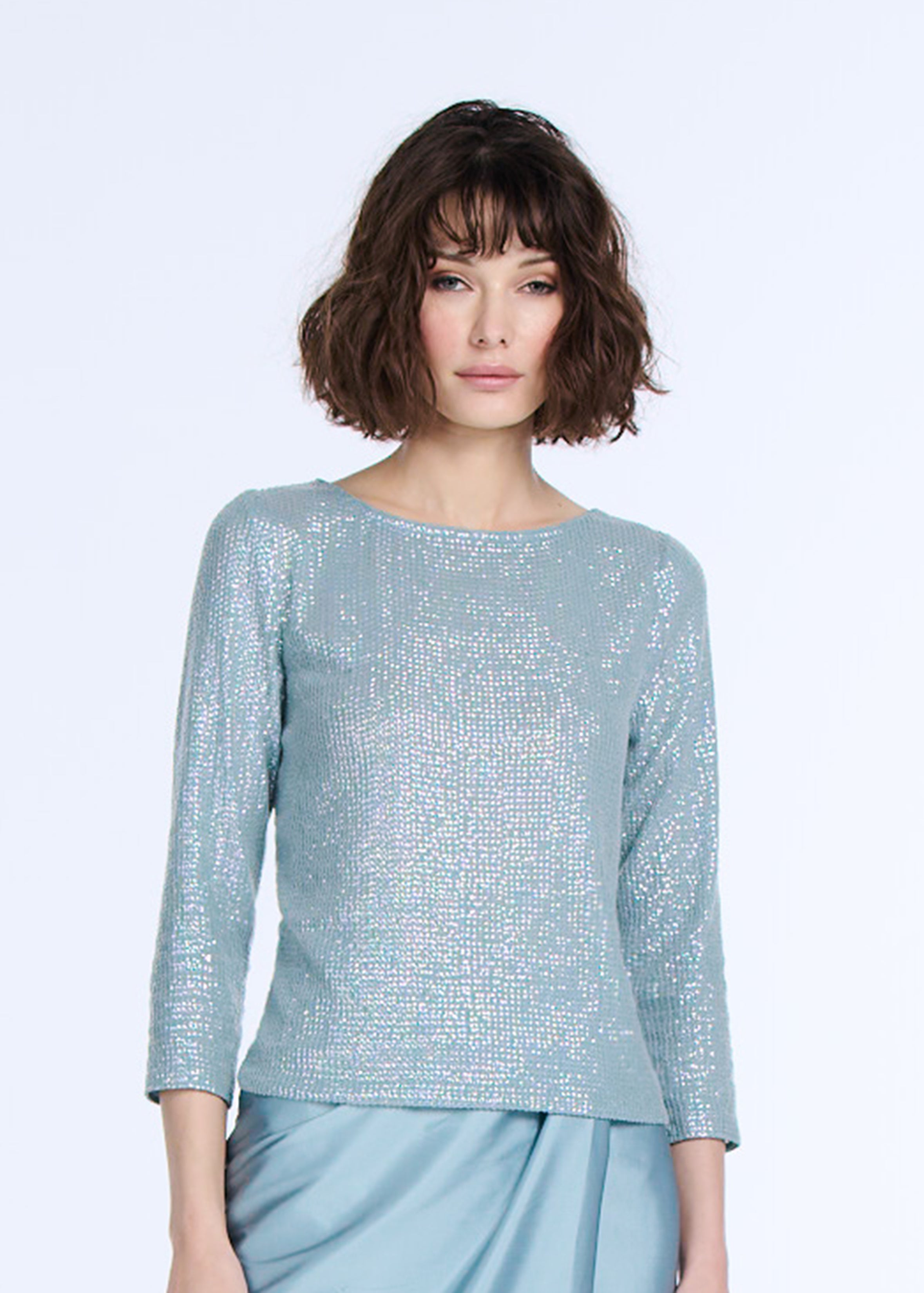 STRETCH SEQUIN 3/4 SLEEVE BALLET NECK TOP LIGHT BLUE