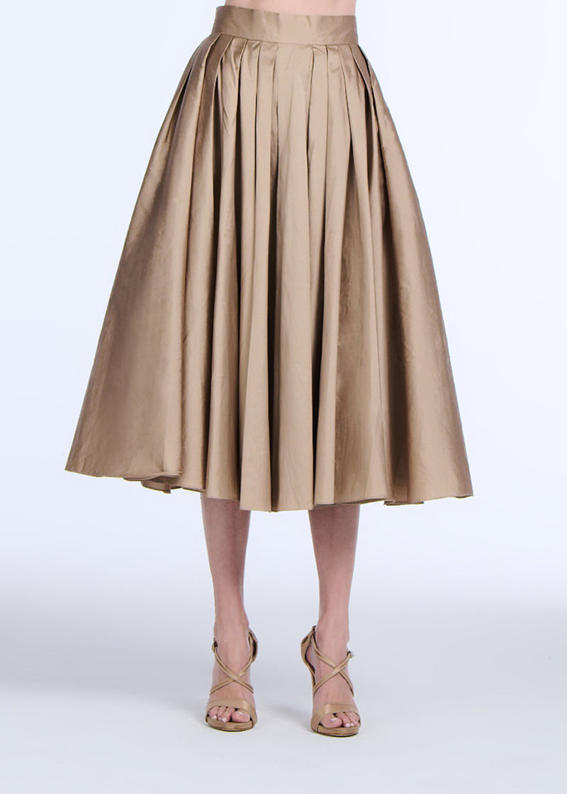 TEA LENGTH PLEATED SOFT TAFFETA MIDI SKIRT SUNTAN