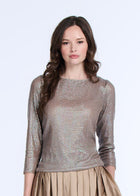 STRETCH SEQUIN 3/4 SLEEVE BALLET NECK TOP SUNTAN